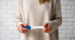 a girl holding a pregnancy test