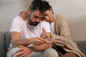 Man and woman look at pregnancy test