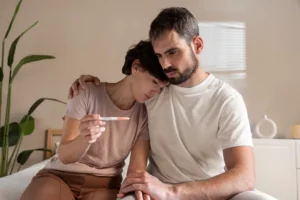 a couple looks at a negative pregnancy test